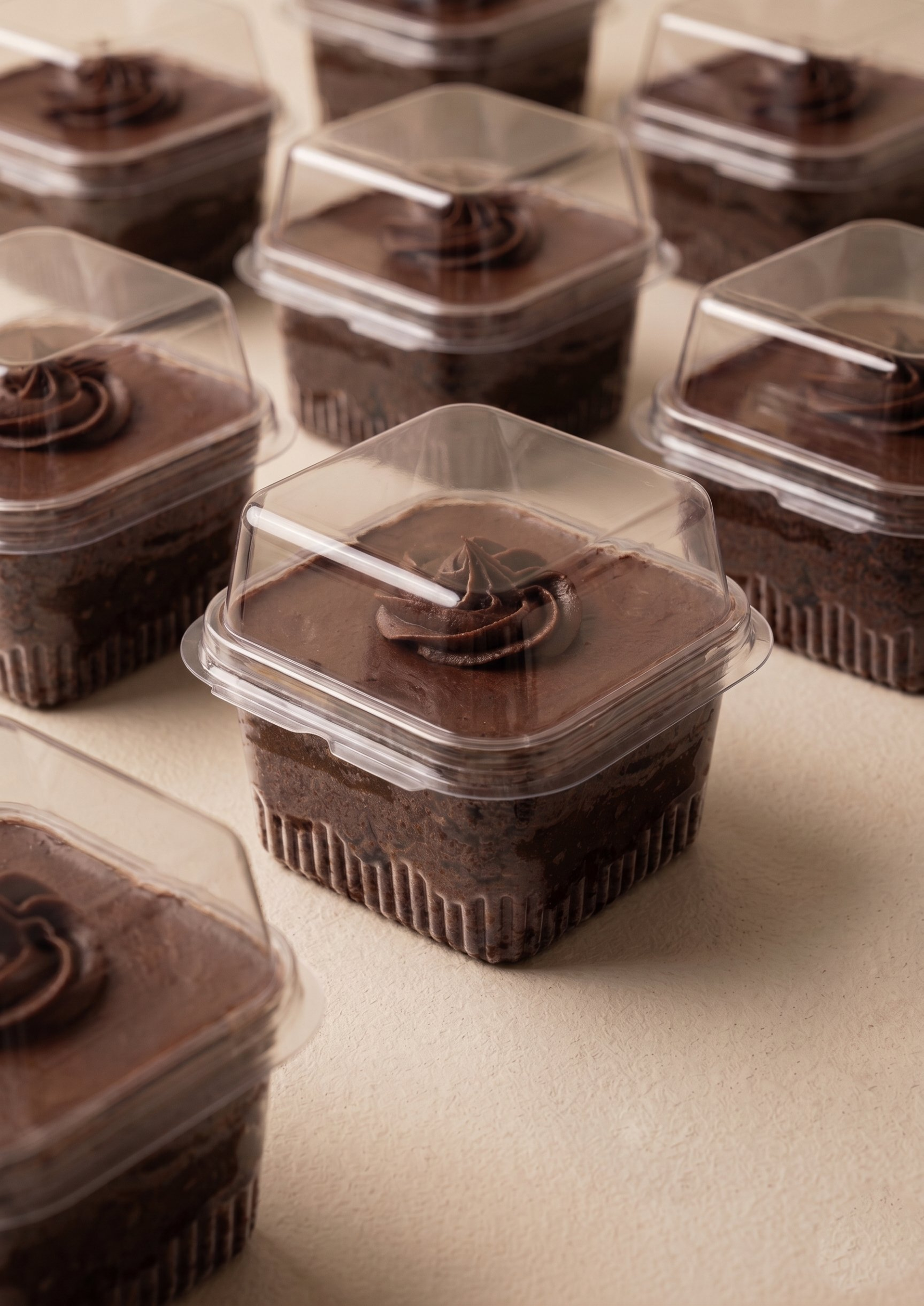 Delicious chocolate cake packed in transparent plastic containers for easy transport.